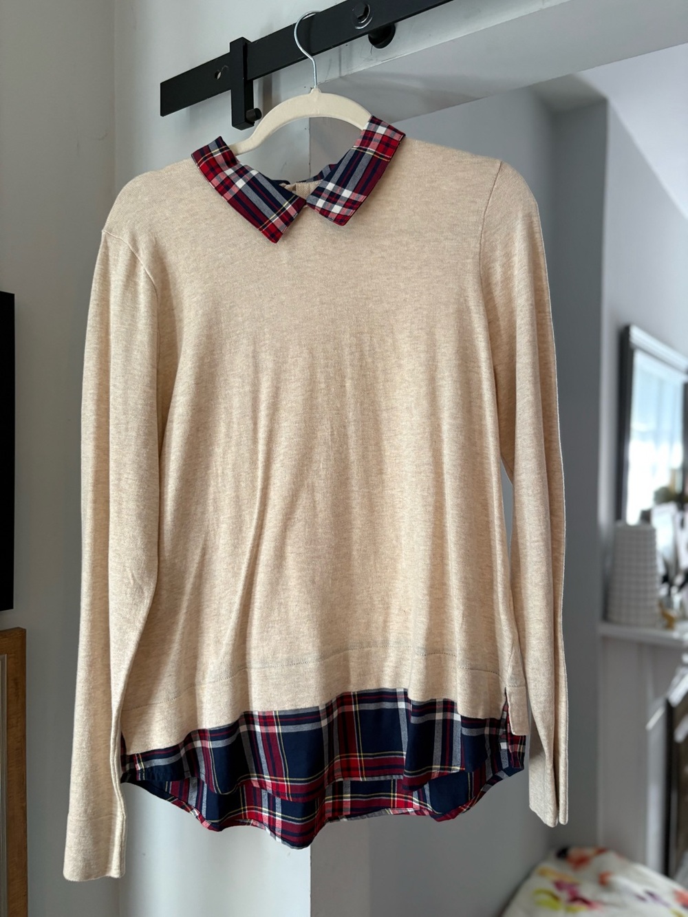 J. Crew Cream Sweater with Red & Navy Plaid Trim